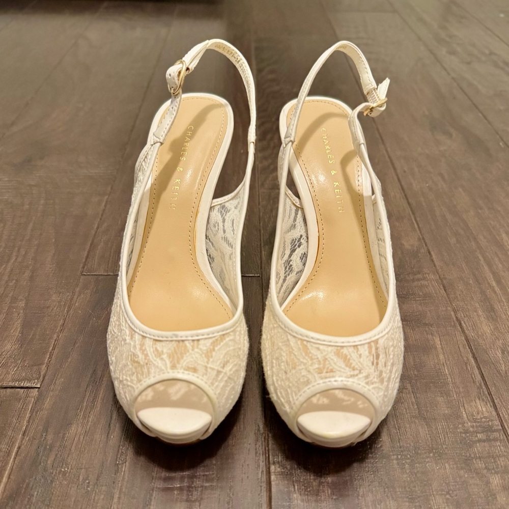 Charles & Keith White Slingback Peep-Toe Heels